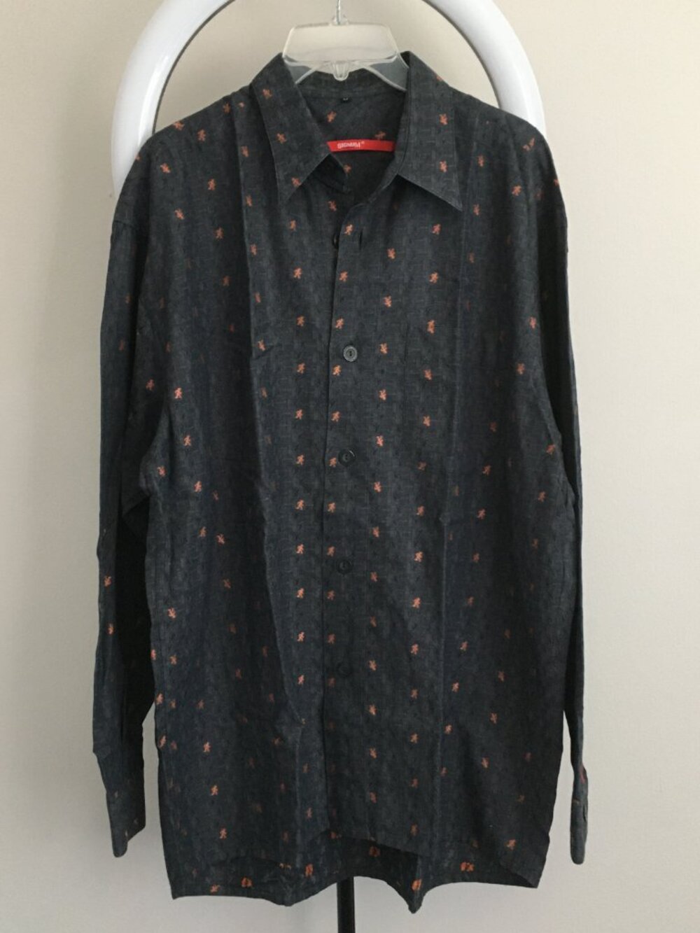 SIGNUM Gray/Blue Orange Woven Running Men Embroidery Long Sleeve Button Shirt